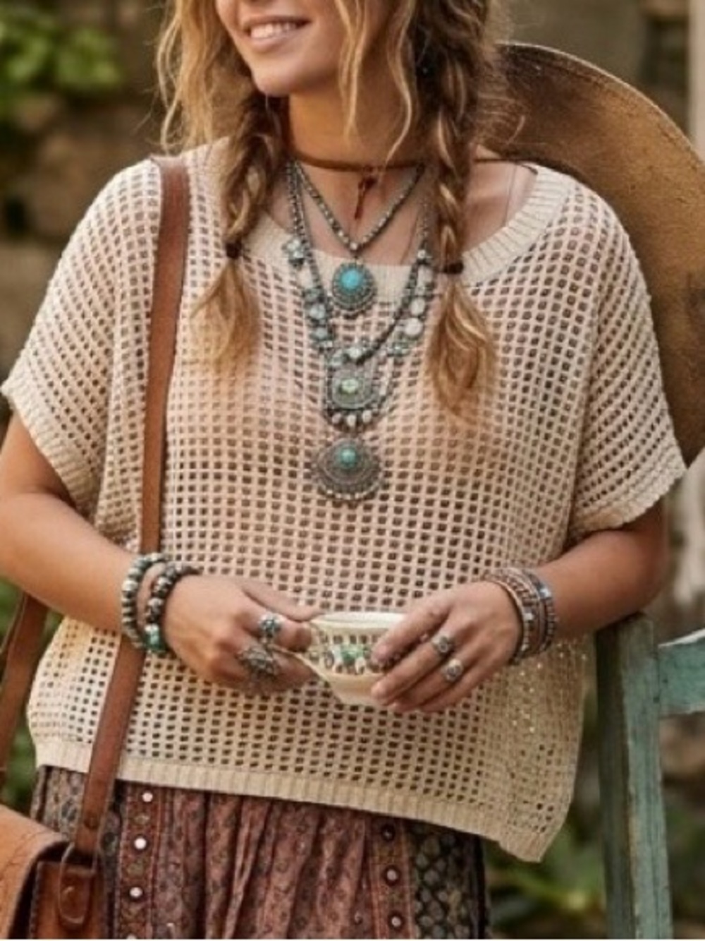 Dokotoo Crochet Beige Knit Top Size Medium